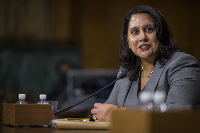 Neomi Rao speaks at a Senate confirmation hearing.